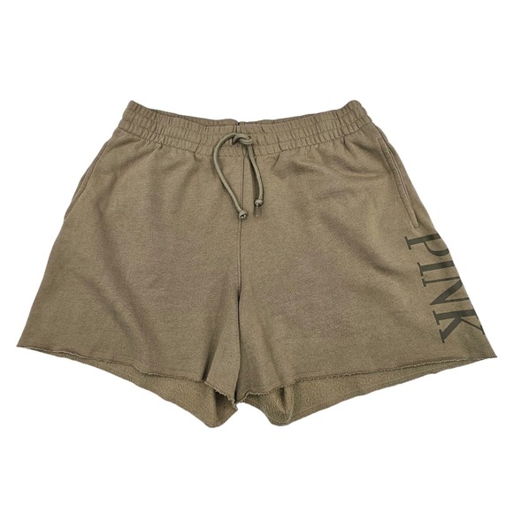 PINK Victoria's Secret Pants - PINK Victoria's Secret Olive Green Fleece Lounge Shorts Raw Hem Womens Large